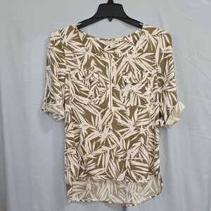 Dana Buchman Womens Large Olive and White Leaf Pattern Blouse Linen